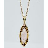 A gold and rose quartz drop shaped pendant, with a neckchain