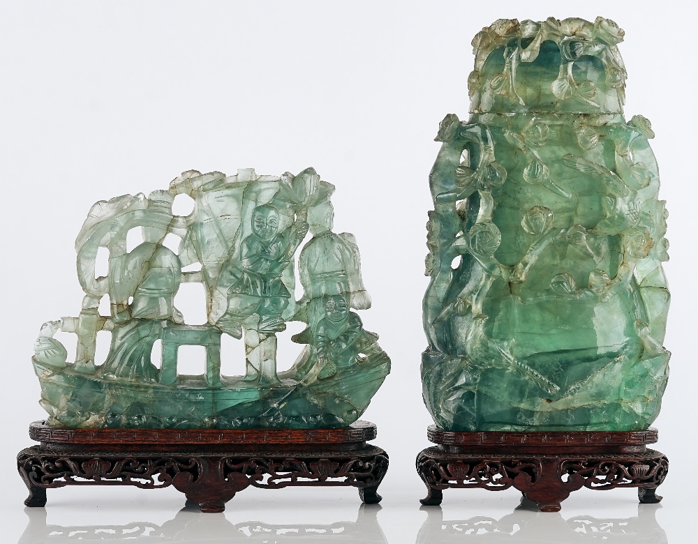 A Chinese green fluorite vase and cover and a figural group - Image 3 of 6