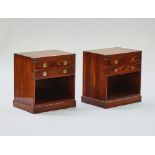 A pair of campaign style brass-bound yew wood bedside tables