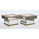 R.MERCHAN; A pair of mirrored glass and brass veneered square occasional tables
