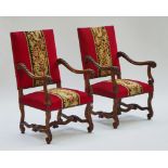 A pair of 17th century style Flemish carved walnut framed square back open armchairs