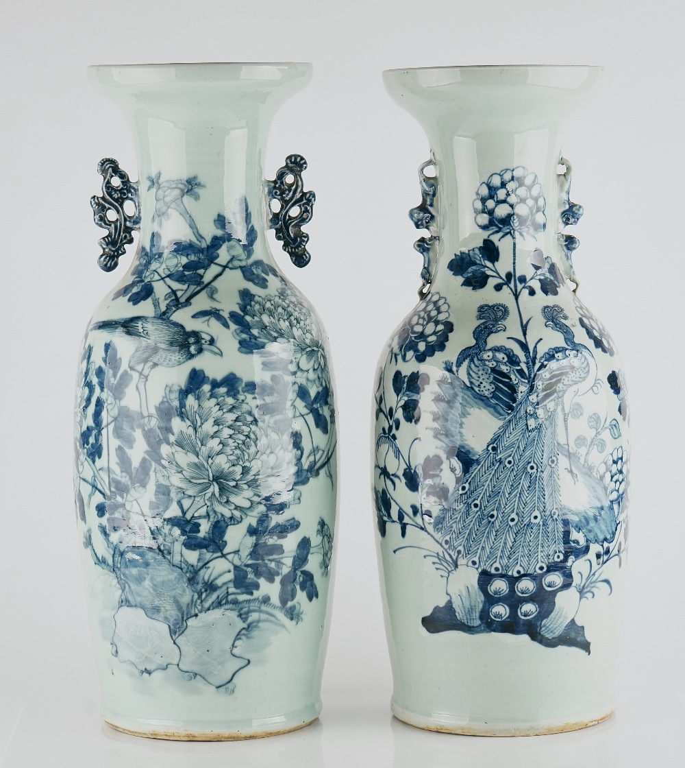 Two tall Chinese blue and white celadon-ground two-handled vases - Image 2 of 8