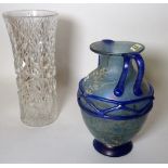 A 20th century blue twin handled glass vase (4)