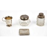 A silver mounted glass cotton wool jar and three further items (4)