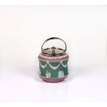 A Wedgwood tri-colour jasper biscuit barrel with plated cover and mounts
