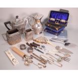 A silver cased set of six tea spoons, and a silver cased set of mustard pots and spoons, a...