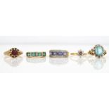 FIVE 9CT GOLD AND GEM SET RINGS (5)