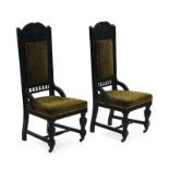 A PAIR OF AESTHETIC MOVEMENT EBONISED OAK HIGH BACK SIDE CHAIRS