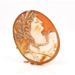 A GOLD MOUNTED OVAL SHELL CAMEO BROOCH