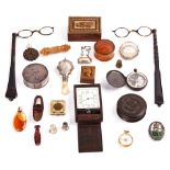 A JAEGER LE-COULTRE 8-DAY TRAVEL CLOCK, TWO PAIRS OF TORTOISESHELL FOLDING SPECTACLES AND...