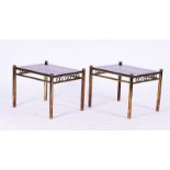 A PAIR OF 20TH CENTURY LACQUERED BRASS AND SMOKED PERSPEX RECTANGULAR OCCASIONAL TABLES