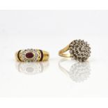 A GOLD RUBY AND DIAMOND RING AND A DIAMOND CLUSTER RING (2)