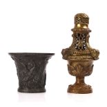 AFTER THE ANTIQUE; A PATINATED BRONZE VASE AND A BRASS INCENSE BURNER (2)