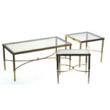 A SUITE OF THREE MID-20TH CENTURY LACQUERED BRASS AND SMOKED GLASS COFFEE TABLES