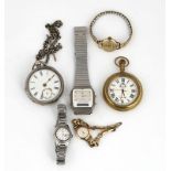 A SILVER POCKET WATCH AND CHAIN AND FURTHER WATCHES (7)
