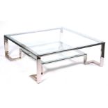 A LARGE 20TH CENTURY SQUARE GLASS TOPPED COFFEE TABLE