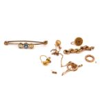 A CHRYSOBERYL AND PALE BLUE GEM SET BAR BROOCH AND A FEW FURTHER ITEMS