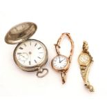 TWO LADY'S 9CT GOLD CASED WRISTWATCHES AND A SILVER POCKET WATCH (3)