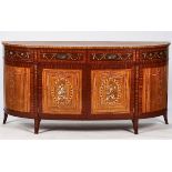 A PAIR OF GEORGE III STYLE MARQUETRY INLAID BOWFRONT COMMODES
