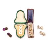 A SET OF THREE GOLD AND MOSAIC DRESS STUDS AND THREE FURTHER ITEMS (4)