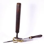 A VICTORIAN COACH BUILDERS TURN SCREW, A PAIR OF BRASS AND STEEL TAILORS' SHEARS AND A COBBLER...