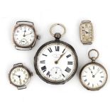 FIVE MOSTLY SILVER CASED WATCHES (5)