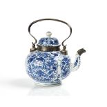 A CHINESE BLUE AND WHITE EXPORT TEAPOT AND COVER WITH SILVER MOUNTS