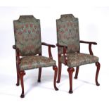 A PAIR OF QUEEN ANNE STYLE HUMP BACK OPEN ARMCHAIRS