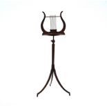 A 19TH CENTURY MARQUETRY INLAID MAHOGANY LYRE SHAPE MUSIC STAND
