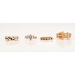 A 9CT GOLD, SAPPHIRE AND DIAMOND RING AND THREE FURTHER 9CT GOLD RINGS, (4)