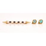 A GOLD, SAPPHIRE AND CULTURED PEARL BROOCH AND A PAIR OF OPAL EARSTUDS (2)