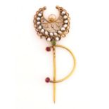 A EUROPEAN GOLD, SEED PEARL AND GEM SET STICK PIN