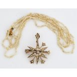A 9CT GOLD AND SEED PEARL PENDANT BROOCH AND A SEED PEARL NECKLACE (2)