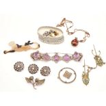 A SILVER, AMETHYST AND MARCASITE SET BRACELET AND EIGHT FURTHER ITEMS (9)