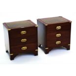 A PAIR OF BRASS BOUND CAMPAIGN STYLE MAHOGANY BEDSIDE TABLES