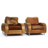A PAIR OF ART DECO STYLE BROWN LEATHER UPHOLSTERED EASY ARMCHAIS