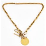 A 9CT GOLD CURB LINK WATCH ALBERT CHAIN AND A SOVEREIGN FOB PENDANT (2)