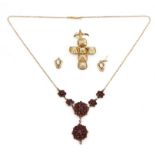 A MASONIC PENDANT, A BOHEMIAN GARNET NECKLACE AND A PAIR OF OPAL EARRINGS (3)