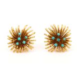 A PAIR OF GOLD AND TURQUOISE EARCLIPS