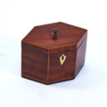 A GEORGE III INLAID MAHOGANY SINGLE TEA CADDY OF COMPRESSED HEXAGONAL FORM