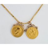 TWO SOVEREIGN PENDANTS AND A GOLD NECKCHAIN (3)