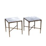 AFTER GIACOMETTI; A PAIR OF MARBLE TOPPED SQUARE SIDE TABLES