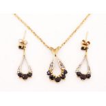 A 9CT GOLD, SAPPHIRE AND DIAMOND PENDANT AND A PAIR OF MATCHING EARRINGS (2)