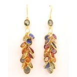 A PAIR OF GOLD AND VARICOLOURED SAPPHIRE AND RUBY PENDANT EARRINGS