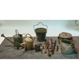 Two galvanised steel watering cans, a Braimes oil can, a bucket, various pots, irons and four...