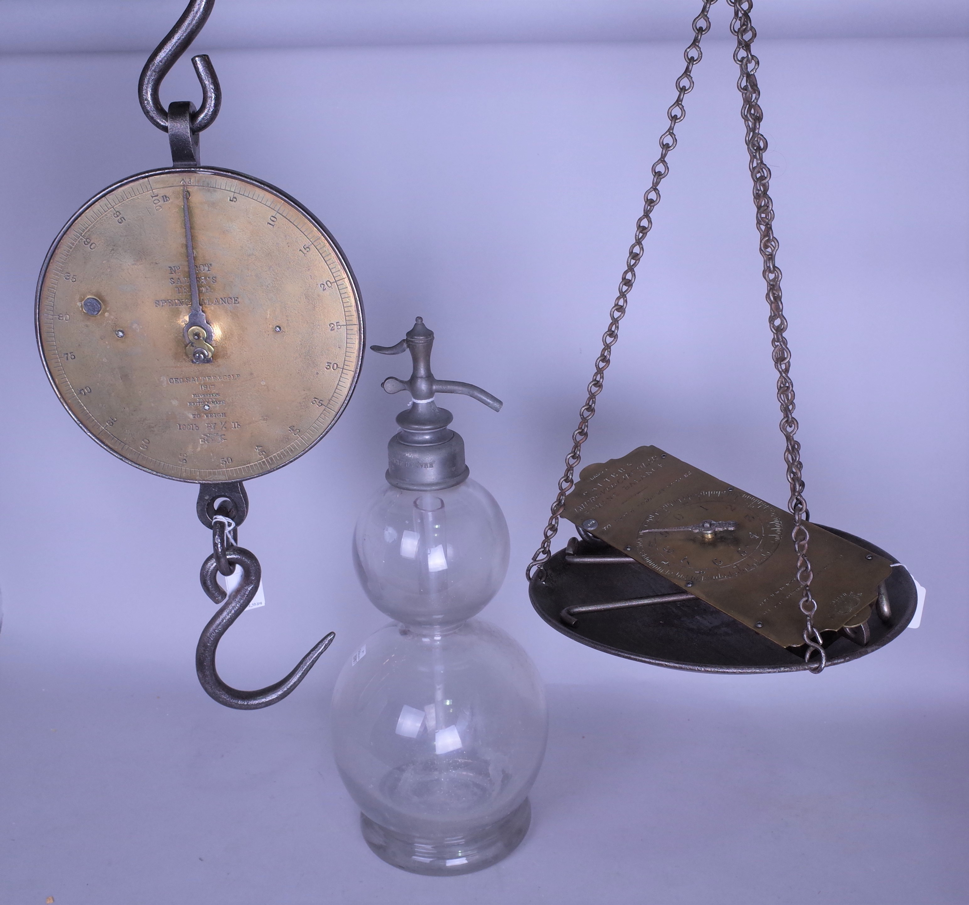 An early 20th century French double gourd soda siphon, and a pair of Salter balance scales. - Image 2 of 2