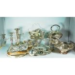 Silver plated items, including, a pair of candelabra, flower vases, a kettle on a stand,...