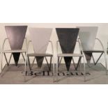 A set of four modern metal and grey painted hardwood highback open armchairs