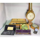 A collection of mostly early 20th century cased scientific items, including compass, barometer...