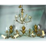 A set of three modern gilt metal twin branch wall lights hung with glass drops and a matching...